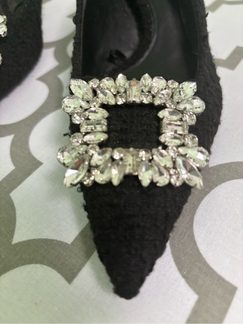 Zara Black Textured Crystal Embellished Buckle Pointed-Toe Pumps - Picture 4 of 13
